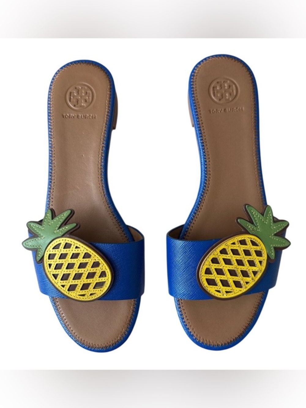 Tory Burch Pineapple Accent Slide Sandals Blue Size 7